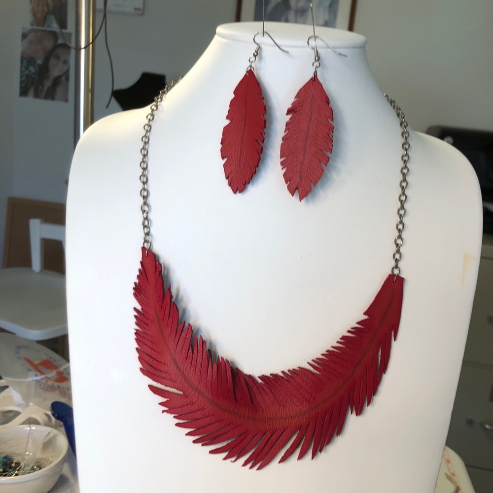 Hand Made Red Leather Feather Necklace and Earrings